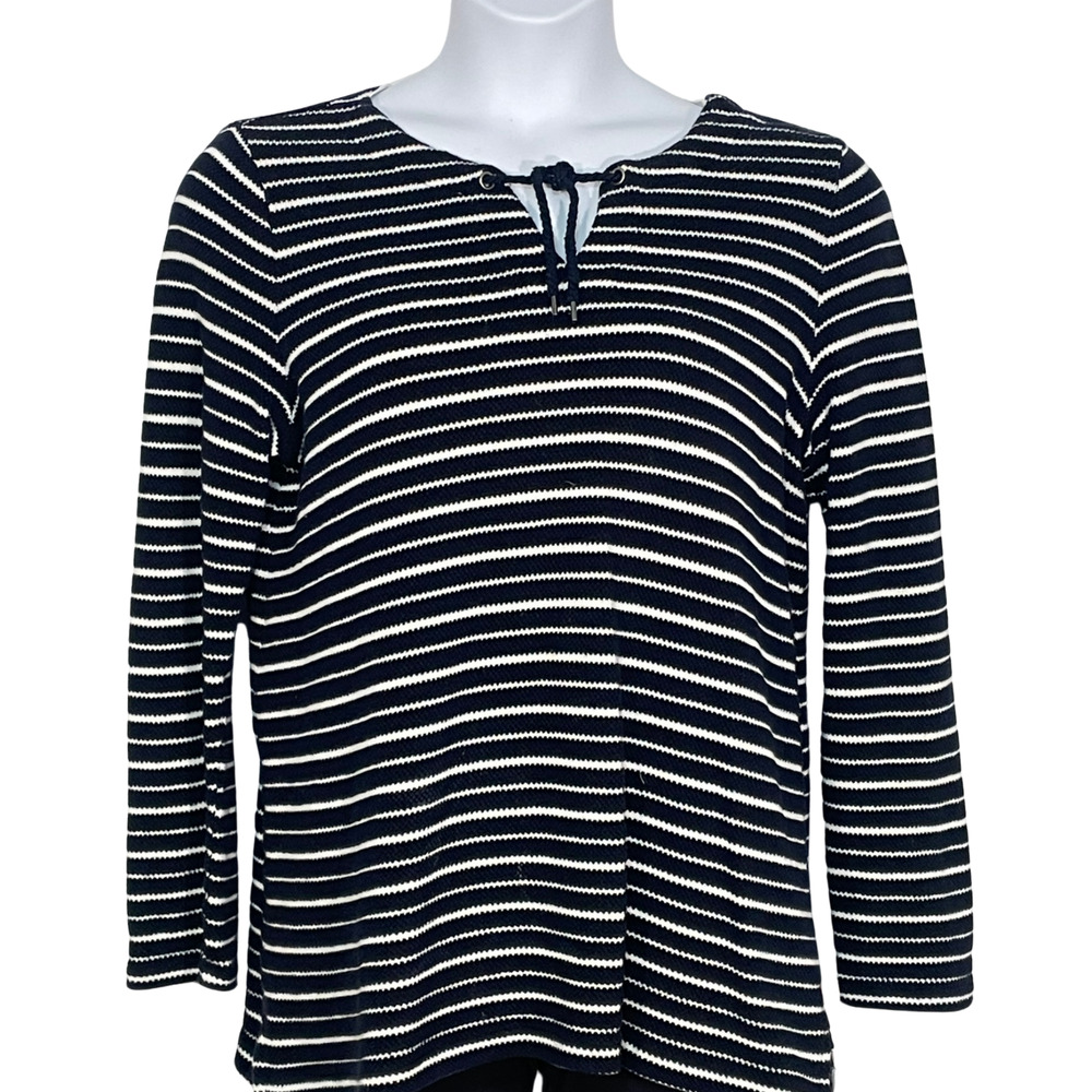3/$20 T Talbots Sz L Casual Pullover Top 3/4 Sleeve Textured Knit Blue Striped
